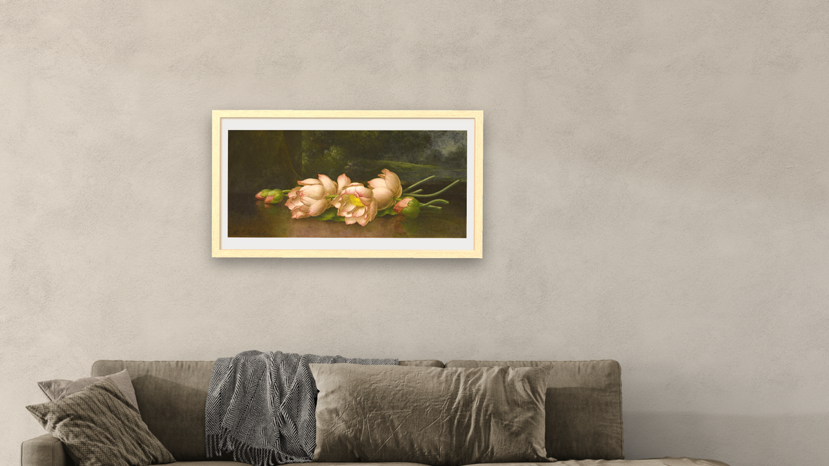 Lotus Flowers: A Landscape Painting in the Background by Martin Johnson Heade, shown at 20 × 40 in (50.8 × 101.6 cm) in Arber Natural, living