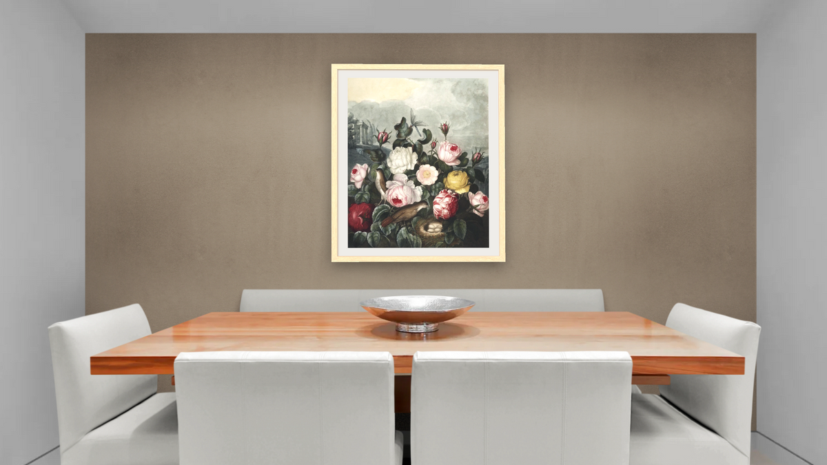 Roses by Robert John Thornton, shown at 32 × 40 in (81.3 × 101.6 cm) in Arber Natural, dining
