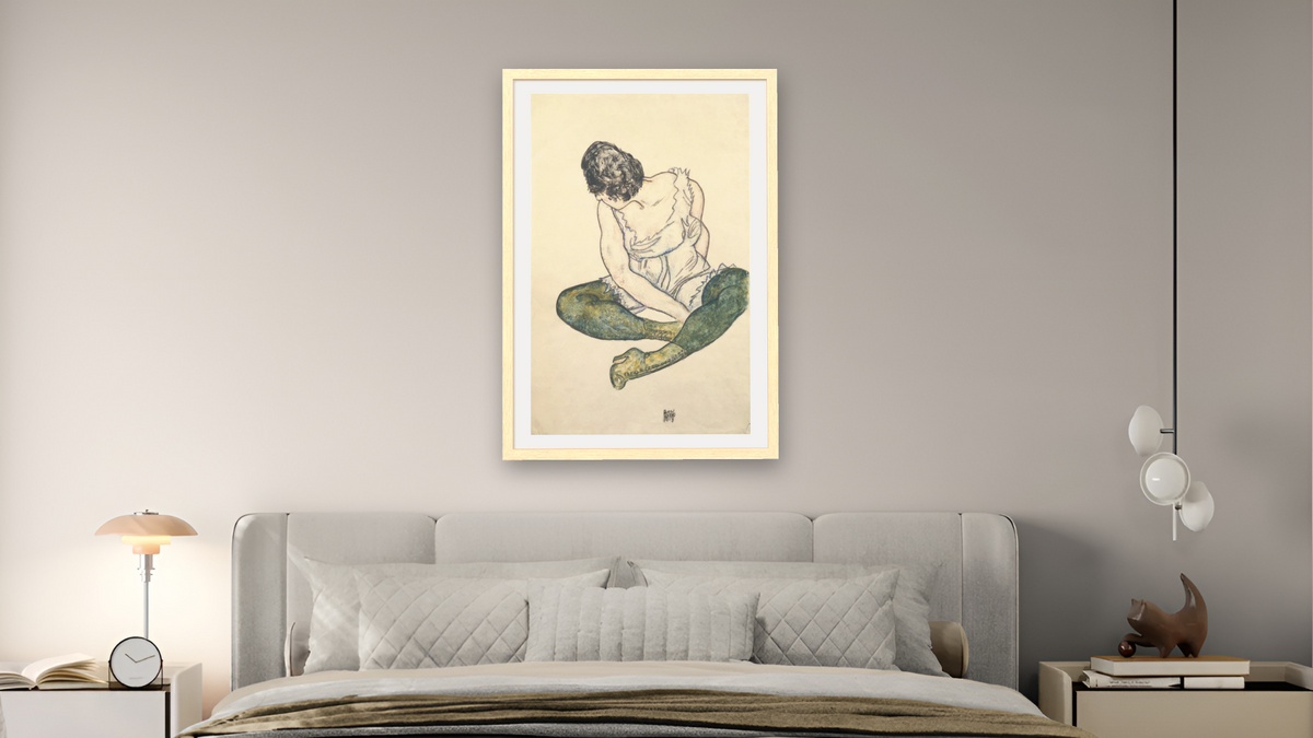 Seated Woman with Green Stockings by Egon Schiele, shown at 28 × 42 in (71.1 × 106.7 cm) in Arber Natural, bedroom