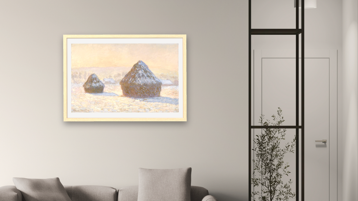 Wheatstacks, Snow Effect, Morning (Meules, Effet de Neige, Le Matin) by Claude Monet, shown at 28 × 42 in (71.1 × 106.7 cm) in Arber Natural, living