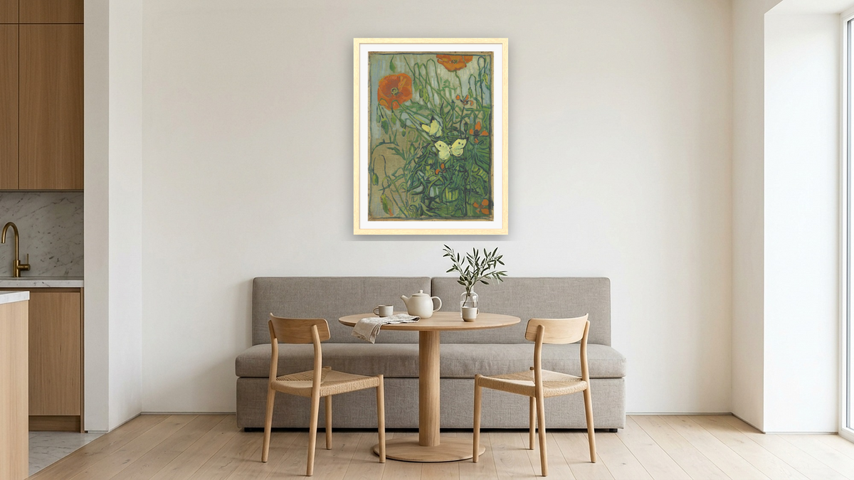 Butterflies and Poppies by Vincent van Gogh, shown at 30 × 40 in (76.2 × 101.6 cm) in Arber Natural, kitchen