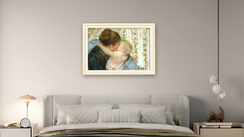 A Goodnight Hug by Mary Cassatt, shown at 28 × 42 in (71.1 × 106.7 cm) in Arber Natural, bedroom [arteriel-render:v6:room_a:28x42@49,36]
