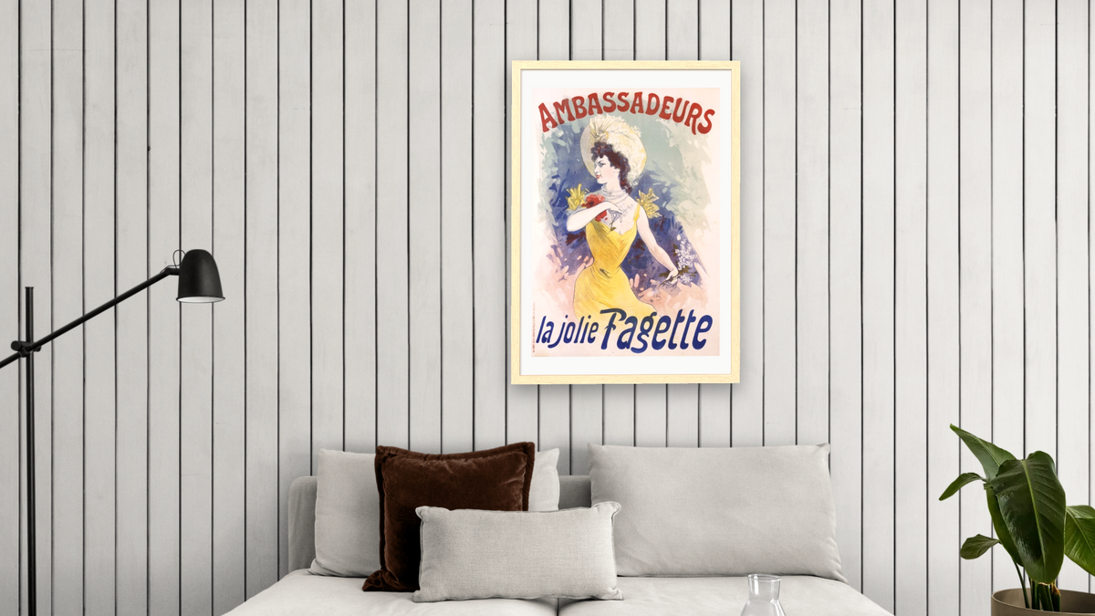 Ambassadeurs: La Jolie Fagette Poster by Jules Chéret, shown at 28 × 42 in (71.1 × 106.7 cm) in Arber Natural, living