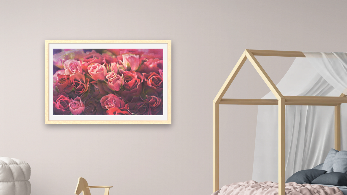 Pink Roses by Kirsten Söderlind, shown at 28 × 42 in (71.1 × 106.7 cm) in Arber Natural, bedroom