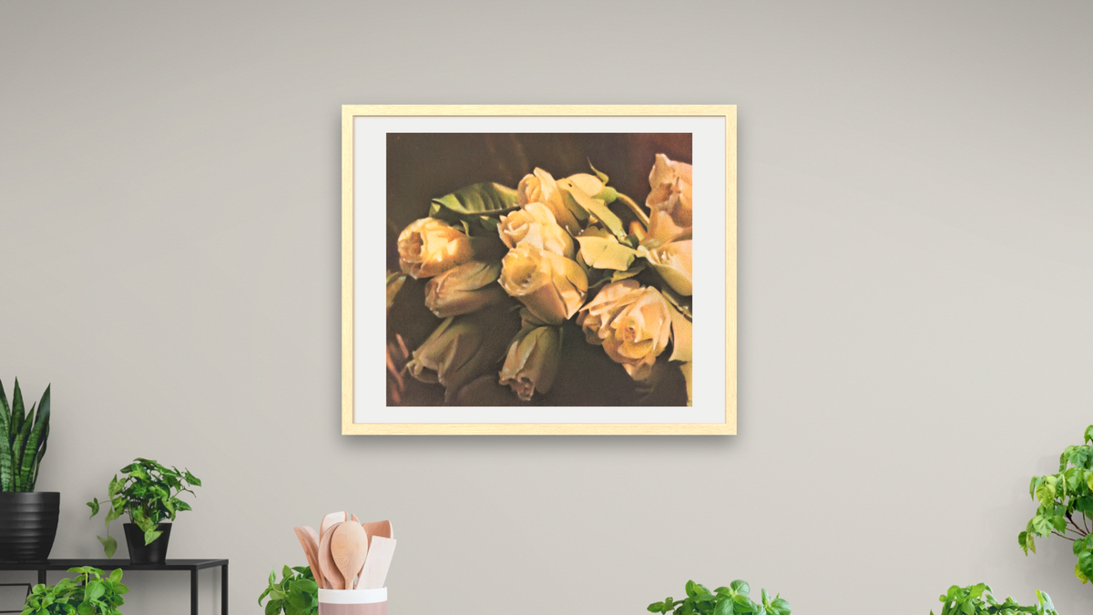 White Roses by Kirsten Söderlind, shown at 32 × 40 in (81.3 × 101.6 cm) in Arber Natural, dining