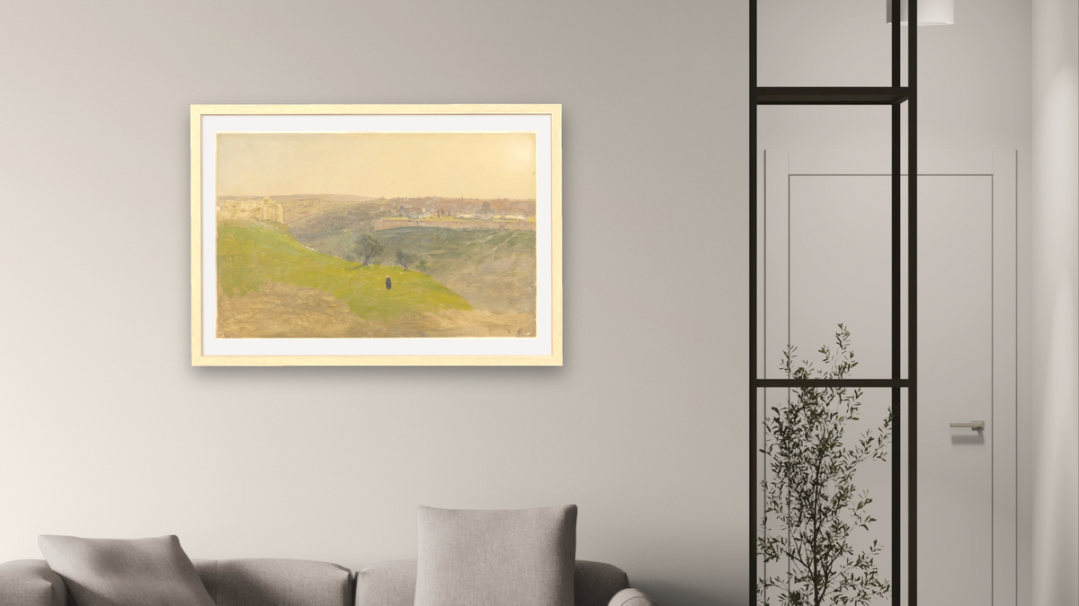 Jerusalem from the Mount of Olives by Frederic Edwin Church, shown at 28 × 42 in (71.1 × 106.7 cm) in Arber Natural, living