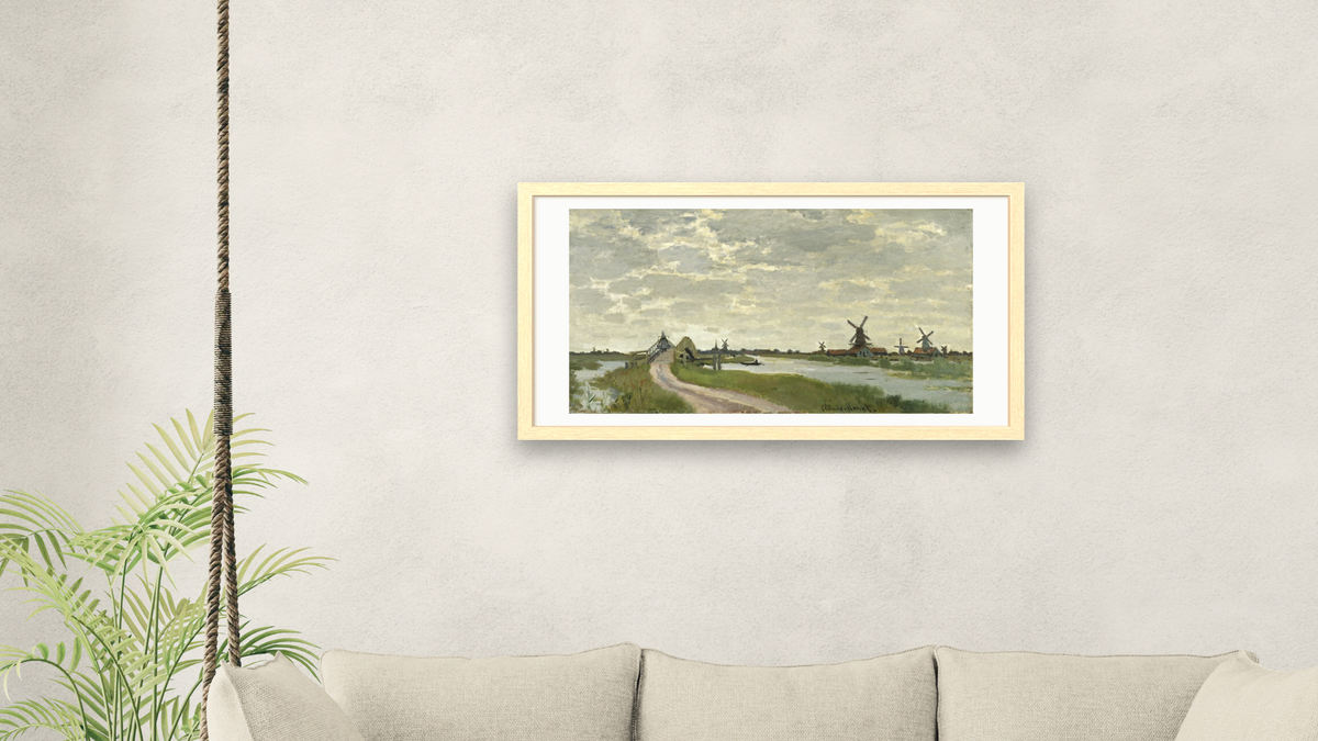 Windmills Near Zaandam by Claude Monet, shown at 20 × 40 in (50.8 × 101.6 cm) in Arber Natural, living
