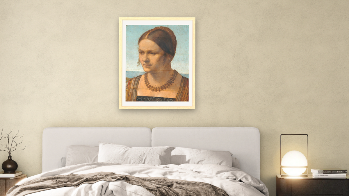 Portrait of a Young Venetian Lady by Albrecht Dürer, shown at 30 × 40 in (76.2 × 101.6 cm) in Arber Natural, bedroom