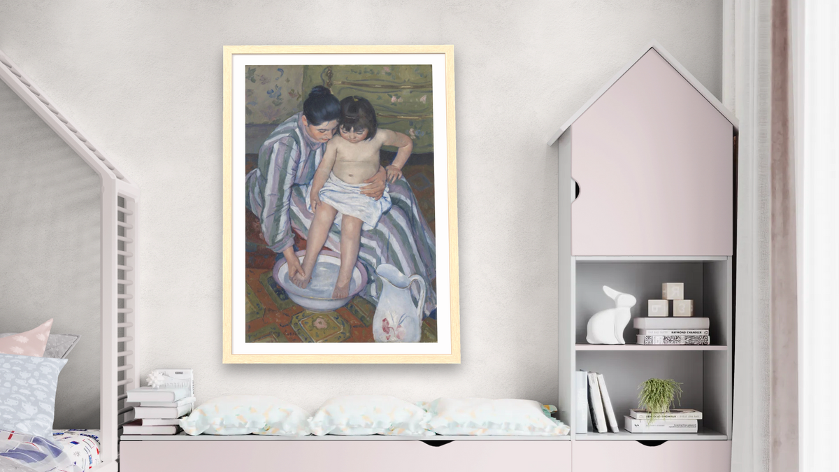 The Child's Bath by Mary Cassatt, shown at 28 × 42 in (71.1 × 106.7 cm) in Arber Natural, bedroom