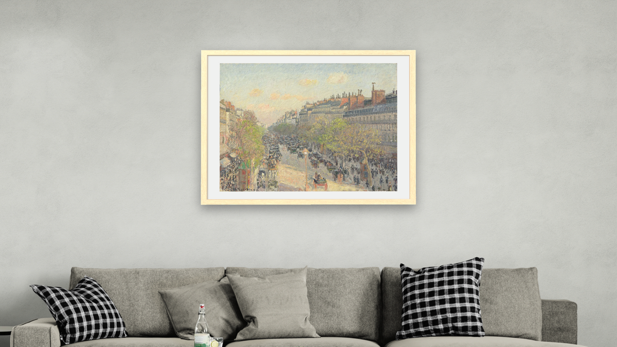 Boulevard Montmartre, Twilight by Camille Pissarro, shown at 32 × 40 in (81.3 × 101.6 cm) in Arber Natural, living