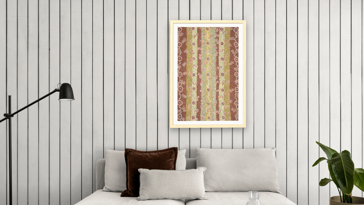 Flying Ant Dreaming by Clifford Possum Tjapaltjarri, shown at 28 × 42 in (71.1 × 106.7 cm) in Arber Natural, living