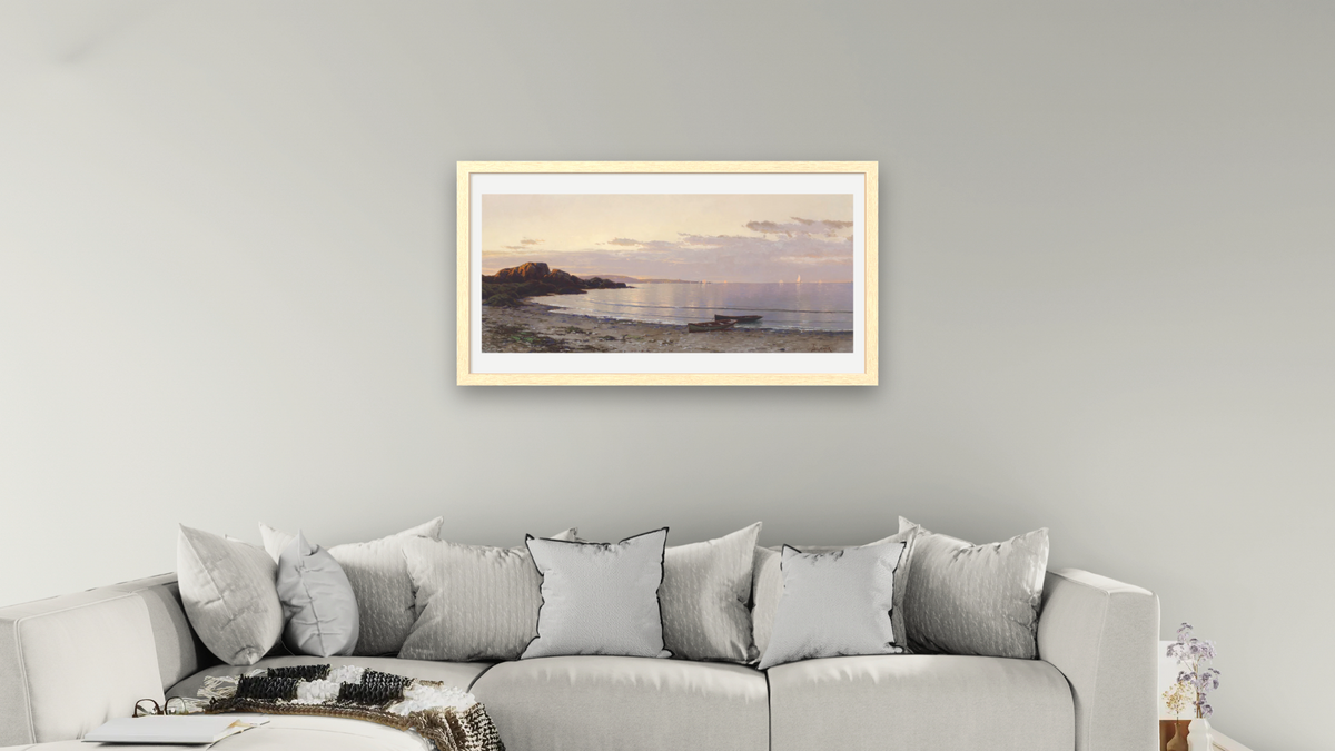 Coastal View at Sunset by Alfred Thompson Bricher, shown at 20 × 40 in (50.8 × 101.6 cm) in Arber Natural, living