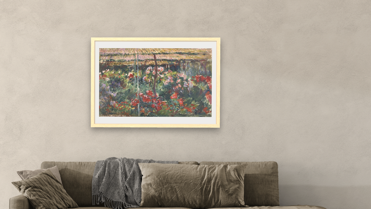 Peony Garden by Claude Monet, shown at 28 × 42 in (71.1 × 106.7 cm) in Arber Natural, living