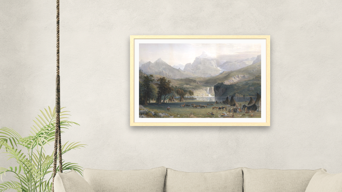 The Rocky Mountains, Lander's Peak by Albert Bierstadt, shown at 28 × 42 in (71.1 × 106.7 cm) in Arber Natural, living