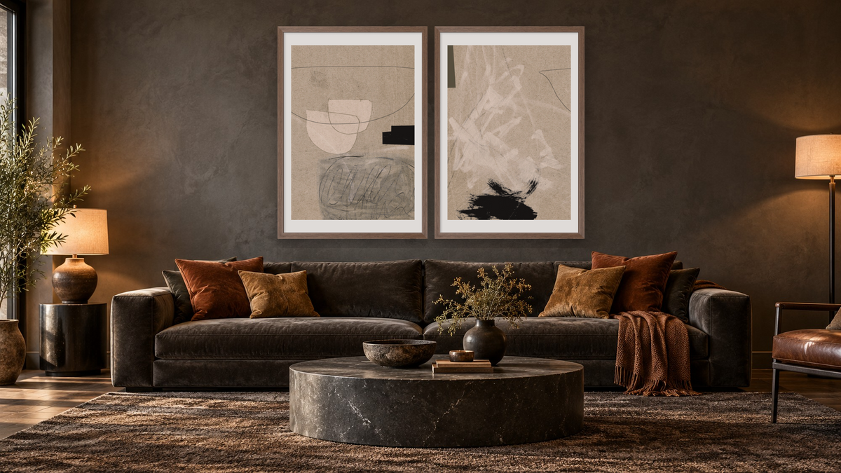 Diptych — Lifestyle 1 × Lifestyle 2, shown at 28 × 42 in (71.1 × 106.7 cm) in Arber Light Walnut, den