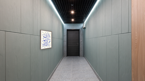 1984.54.99 by Paul Klee, shown at 26 × 42 in (66 × 106.7 cm) in Arber Light Walnut, hallway [arteriel-render:v6:room_a:26x42]