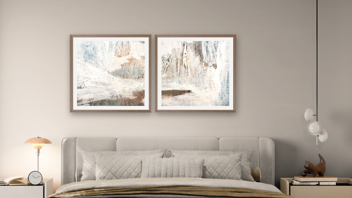 Diptych — Rustic 1 SQ × Rustic 2 SQ, shown at 32 × 32 in (81.3 × 81.3 cm) in Arber Light Walnut, bedroom
