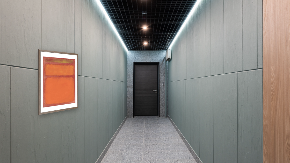 Orange, Red, Yellow by Mark Rothko, shown at 32 × 40 in (81.3 × 101.6 cm) in Arber Light Walnut, hallway