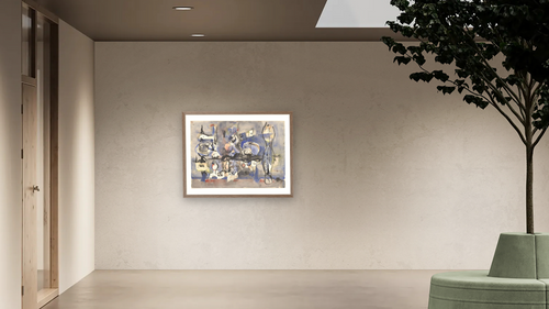 Abstract Composition in Blue, Black, Gray, Red, and Yellow by Mark Rothko, shown at 30 × 40 in (76.2 × 101.6 cm) in Arber Light Walnut, office [arteriel-render:v6:room_a:30x40@43,50]