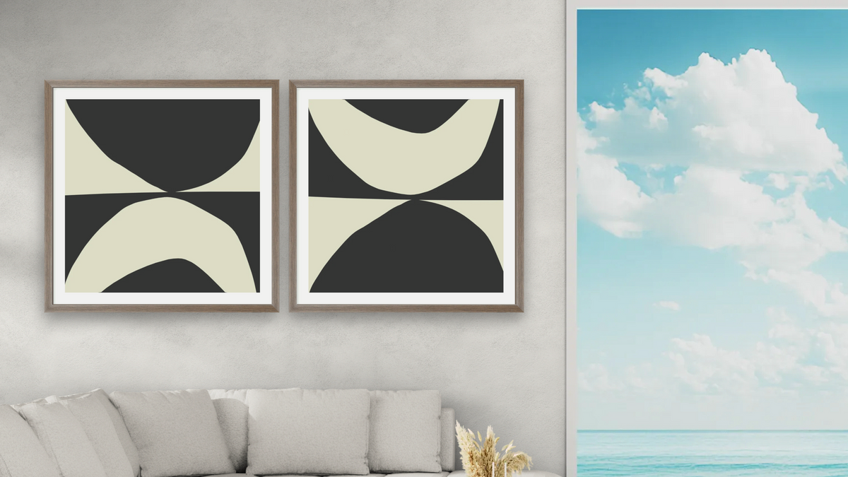 Diptych — State 1 × State 2, shown at 32 × 32 in (81.3 × 81.3 cm) in Arber Light Walnut, living