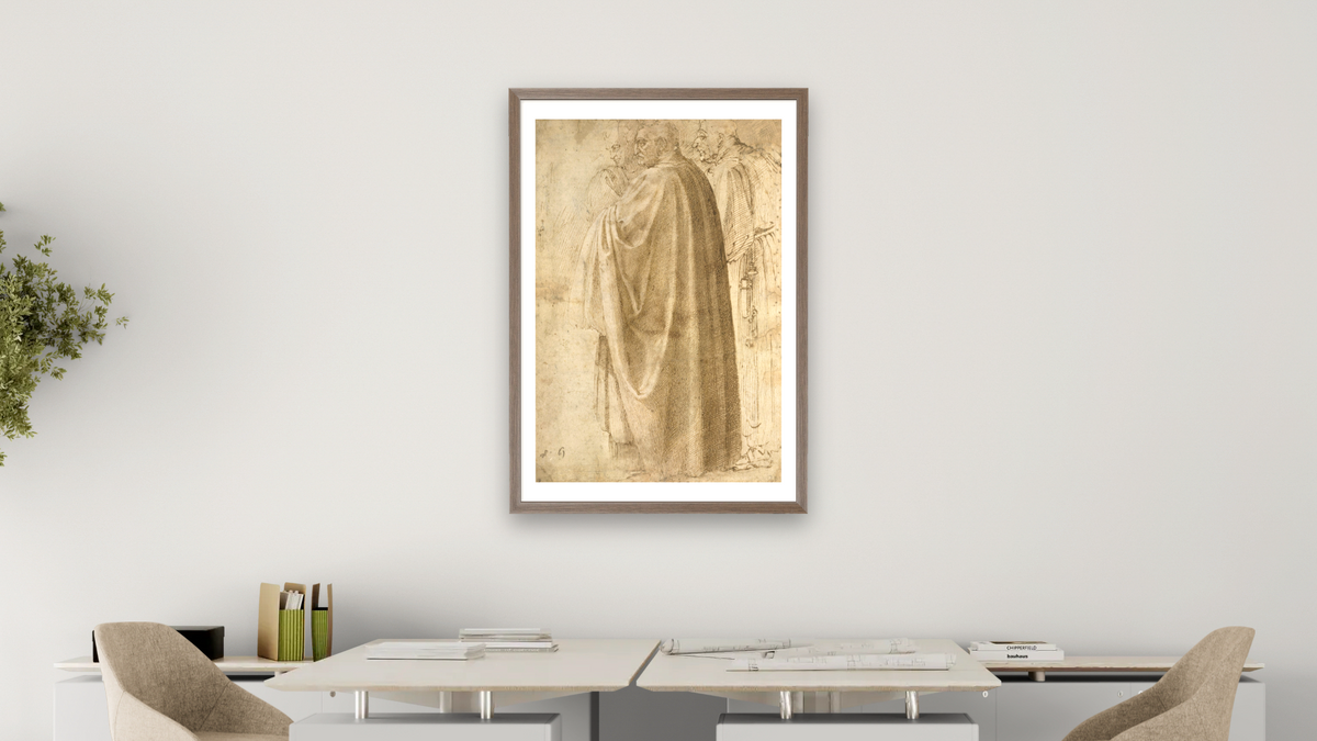 Three Standing Men in Wide Cloaks Turned to the Left (recto) by Michelangelo Buonarroti, shown at 28 × 42 in (71.1 × 106.7 cm) in Arber Light Walnut, office