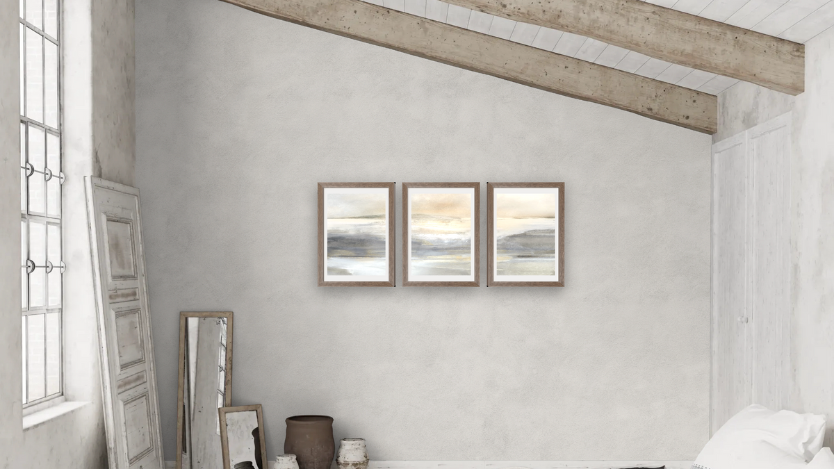 Triptych — Land 1 × Land 2 × Land 3, shown at 14 × 21 in (35.6 × 53.3 cm) in Arber Light Walnut, bedroom