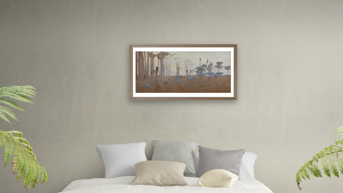 Spirit of the Plains by Sydney Long, shown at 20 × 40 in (50.8 × 101.6 cm) in Arber Light Walnut, bedroom