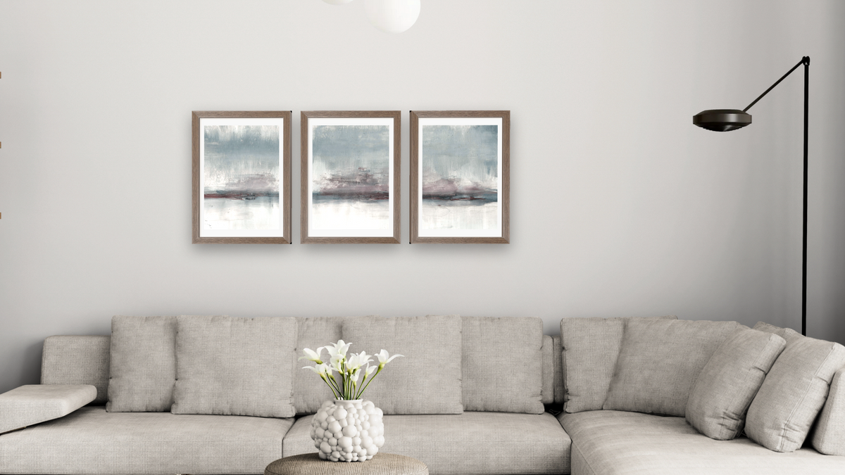 Triptych — Drama 1 × Drama 2 × Drama 3, shown at 14 × 21 in (35.6 × 53.3 cm) in Arber Light Walnut, living