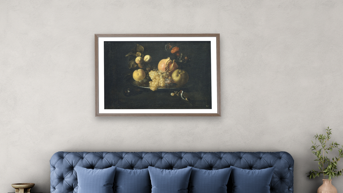 Natura morta amb fruita i cadernera by Juan de Zurbarán, shown at 28 × 42 in (71.1 × 106.7 cm) in Arber Light Walnut, bedroom