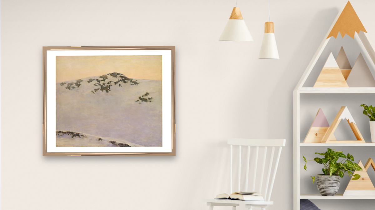 Windswept (Snow Picture, Leyden) by Augustus Vincent Tack, shown at 32 × 40 in (81.3 × 101.6 cm) in Arber Light Walnut, bedroom