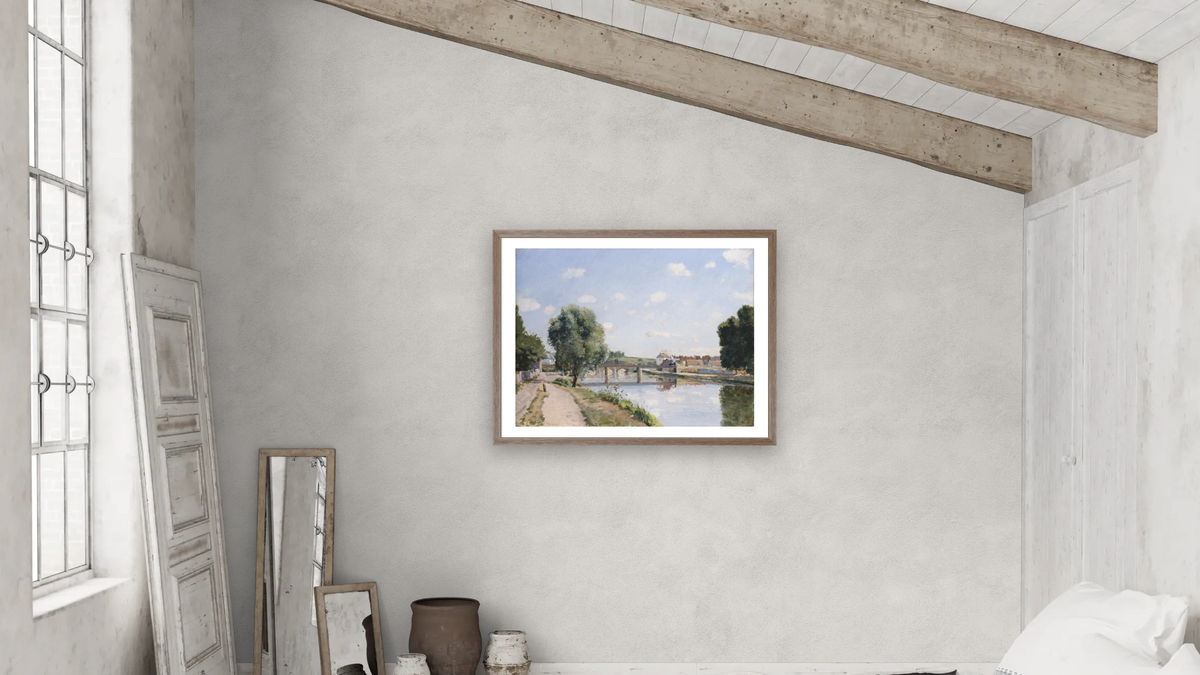 The Railroad Bridge, Pontoise by Camille Pissarro, shown at 30 × 40 in (76.2 × 101.6 cm) in Arber Light Walnut, bedroom