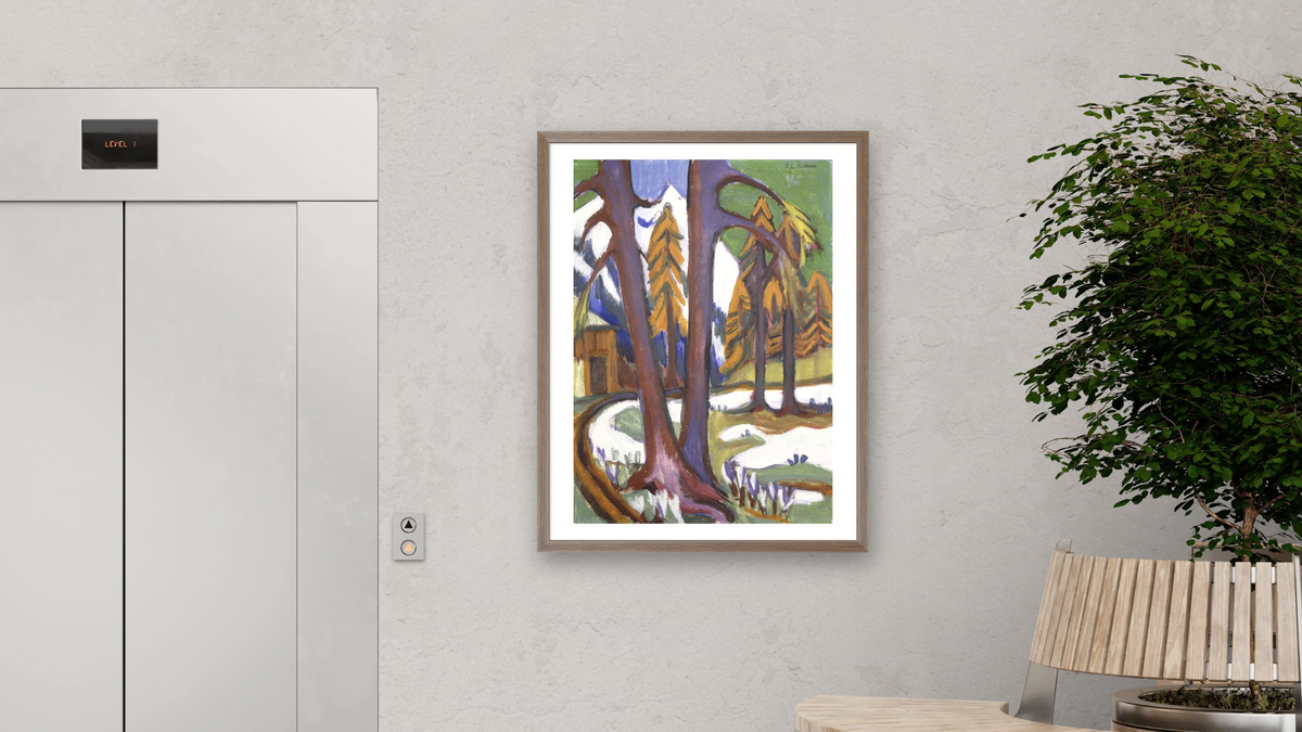 Mountain-Early Spring with Larchen by Ernst Ludwig Kirchner, shown at 30 × 40 in (76.2 × 101.6 cm) in Arber Light Walnut, office