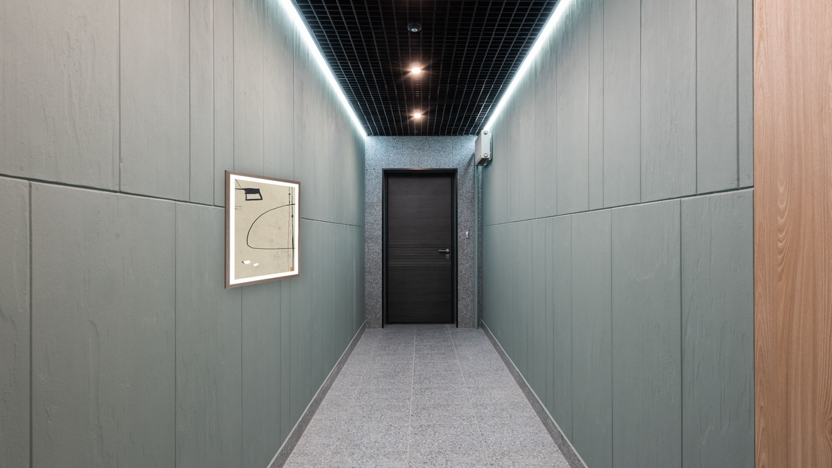 Regenerate 1 by Dan Hobday, shown at 30 × 42 in (76.2 × 106.7 cm) in Arber Light Walnut, hallway