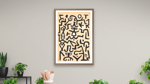 Comedians' Handbill by Paul Klee, shown at 28 × 42 in (71.1 × 106.7 cm) in Arber Light Walnut, dining [arteriel-render:v6:room_a:28x42@49,44]