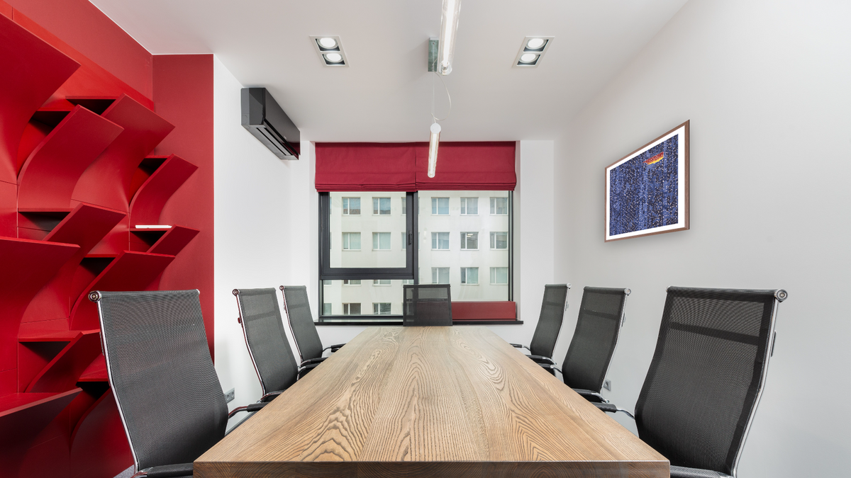 Starry Night and the Astronauts by Alma Thomas, shown at 36 × 40 in (91.4 × 101.6 cm) in Arber Light Walnut, office