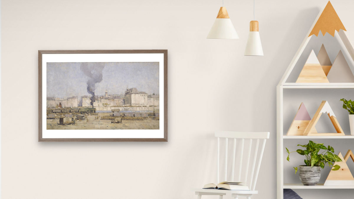 Boulogne by Arthur Streeton, shown at 28 × 42 in (71.1 × 106.7 cm) in Arber Light Walnut, bedroom
