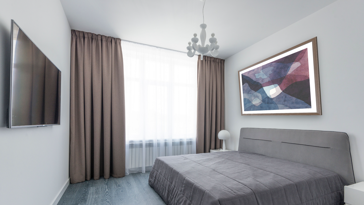 Mountain and Synthetic air by Paul Klee, shown at 30 × 40 in (76.2 × 101.6 cm) in Arber Light Walnut, bedroom