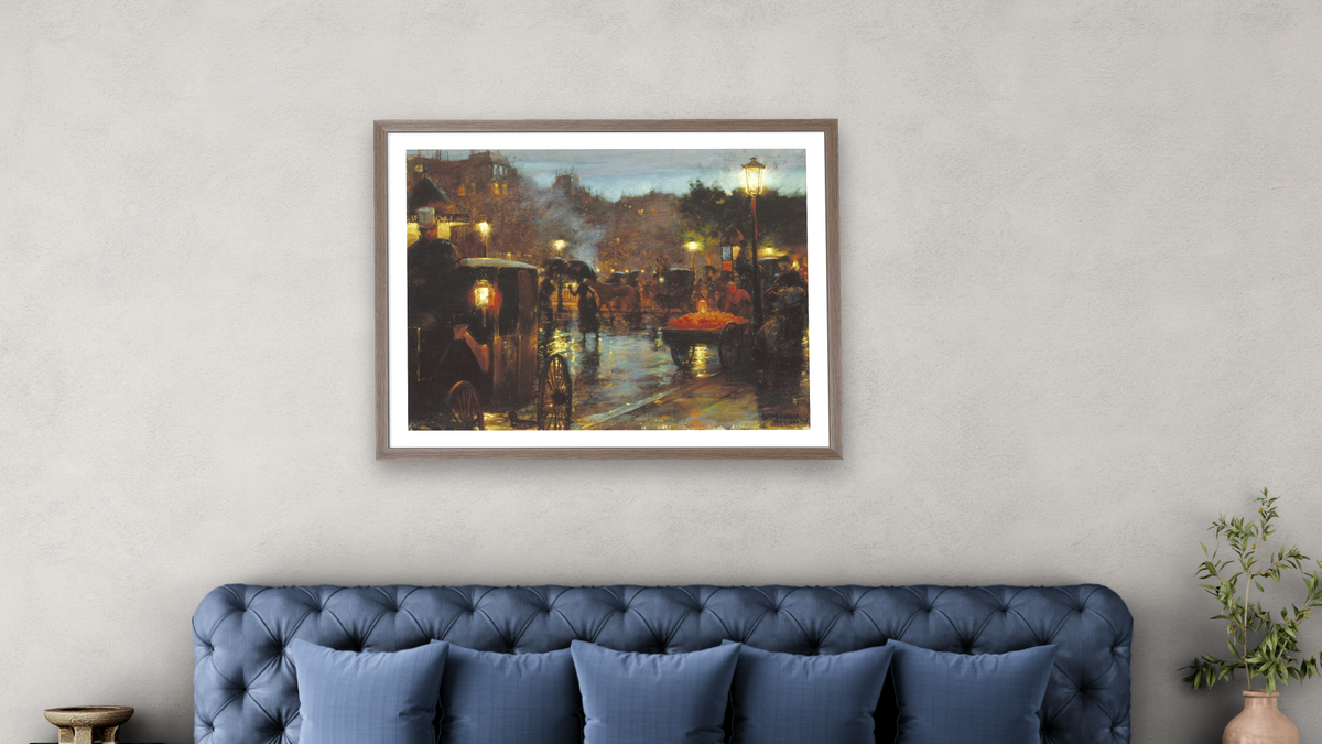 Paris at Night by Charles Courtney Curran, shown at 30 × 40 in (76.2 × 101.6 cm) in Arber Light Walnut, bedroom
