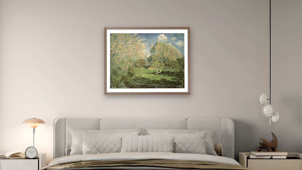 The Garden of Hoschede Family by Alfred Sisley, shown at 30 × 40 in (76.2 × 101.6 cm) in Arber Light Walnut, bedroom