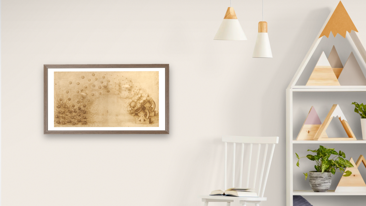 Sketch of a mortar for fragmentation bombs by Leonardo da Vinci, shown at 20 × 40 in (50.8 × 101.6 cm) in Arber Light Walnut, bedroom