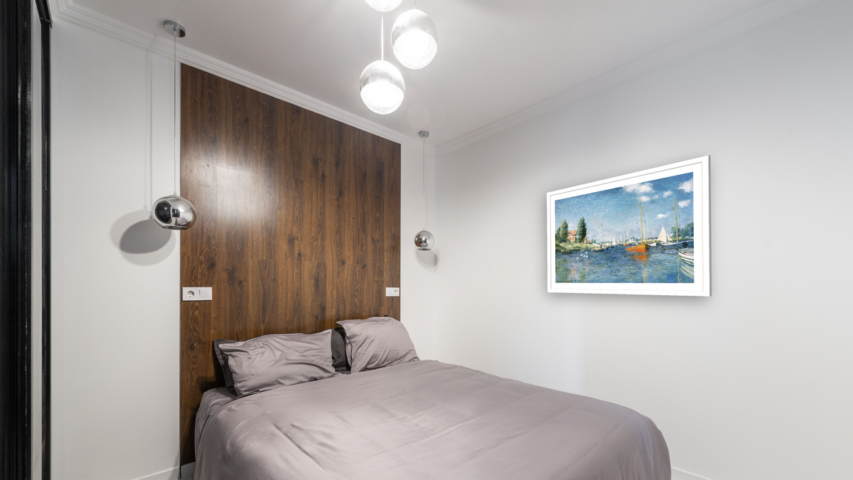 Red Boats, Argenteuil by Claude Monet, shown at 30 × 40 in (76.2 × 101.6 cm) in Arber Light Walnut, bedroom
