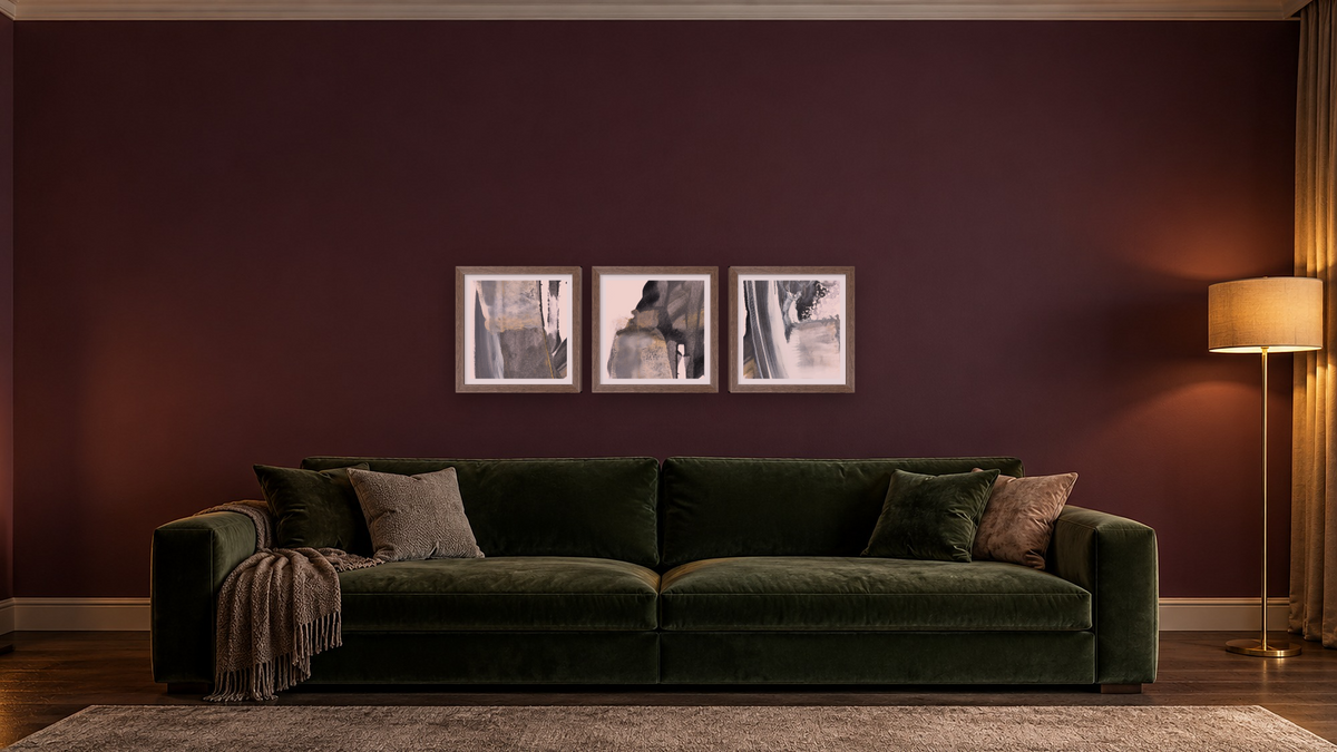 Triptych — Stone 1 × Stone 2 × Stone 3, shown at 16 × 16 in (40.6 × 40.6 cm) in Arber Light Walnut, den