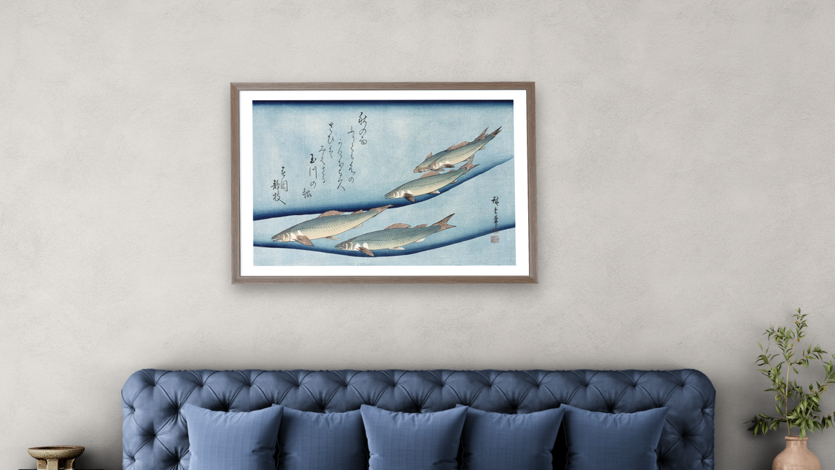 River Trout by Andō Hiroshige, shown at 28 × 42 in (71.1 × 106.7 cm) in Arber Light Walnut, bedroom