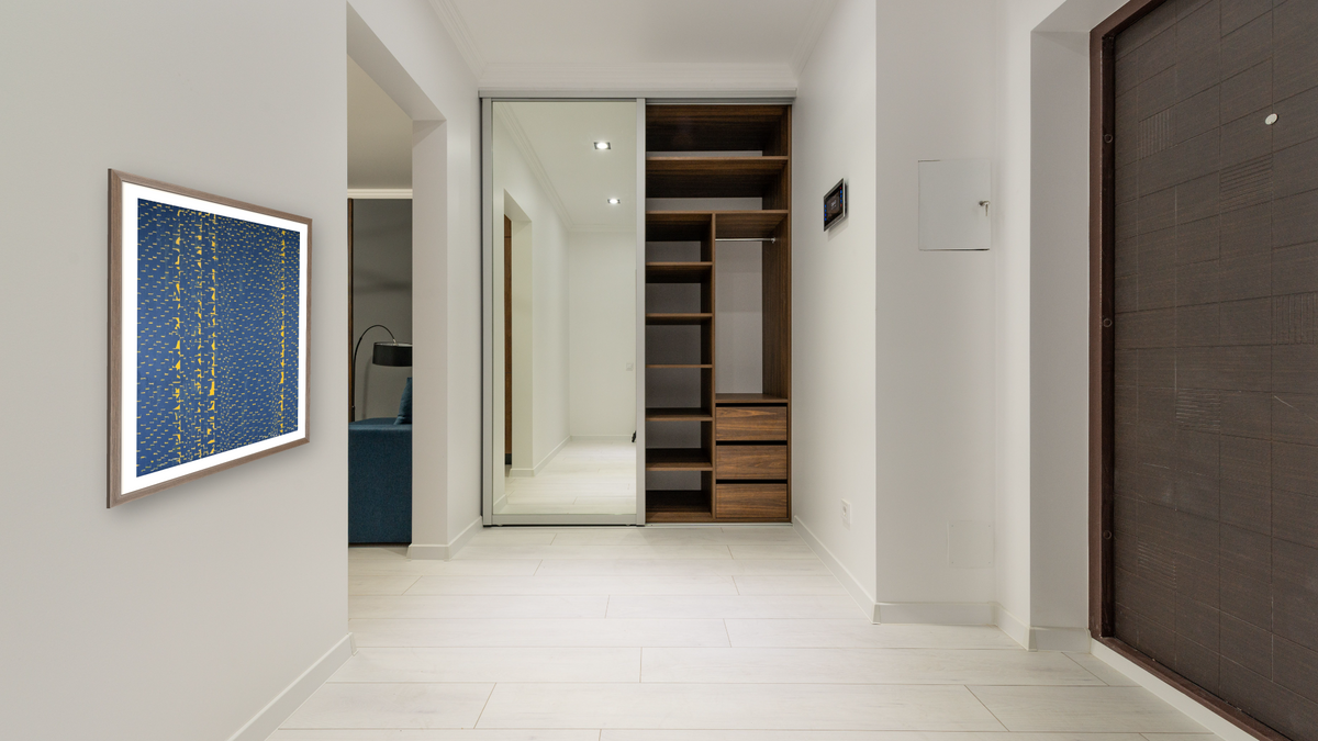 Grey Night Phenomenon by Alma Thomas, shown at 31 × 40 in (78.7 × 101.6 cm) in Arber Light Walnut, hallway