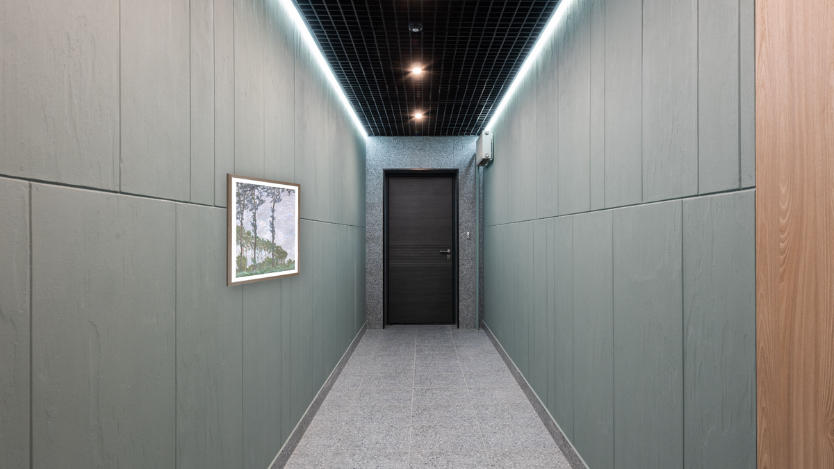 Wind Effect, Series of The Poplars by Claude Monet, shown at 29 × 40 in (73.7 × 101.6 cm) in Arber Light Walnut, hallway