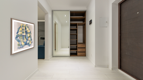 A Day In July by Catherine Gerke, shown at 33 × 40 in (83.8 × 101.6 cm) in Arber Light Walnut, hallway [arteriel-render:v6:room_a:33x40@16,46]
