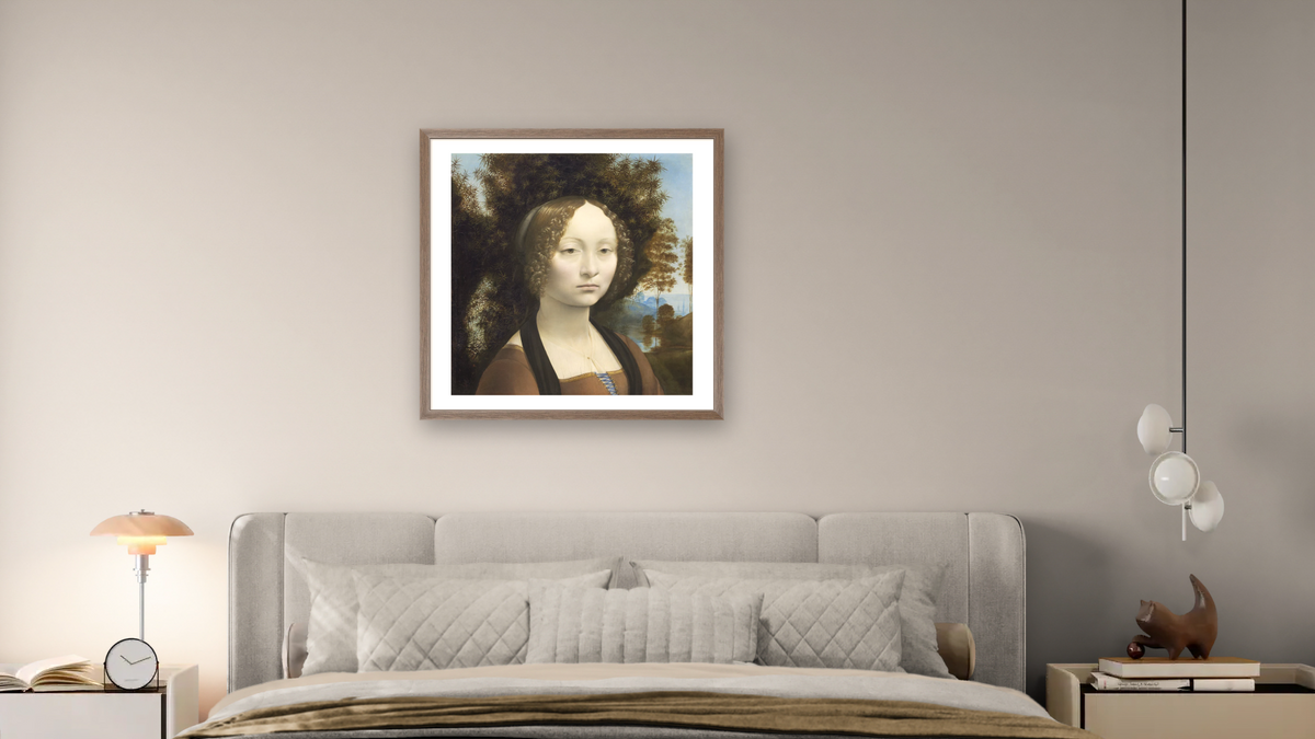 Ginevra de' Benci [obverse] by Leonardo da Vinci, shown at 32 × 32 in (81.3 × 81.3 cm) in Arber Light Walnut, bedroom