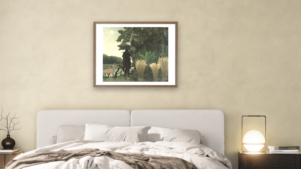 The Snake Charmer (La charmeuse de serpents) by Henri Rousseau, shown at 32 × 40 in (81.3 × 101.6 cm) in Arber Light Walnut, bedroom