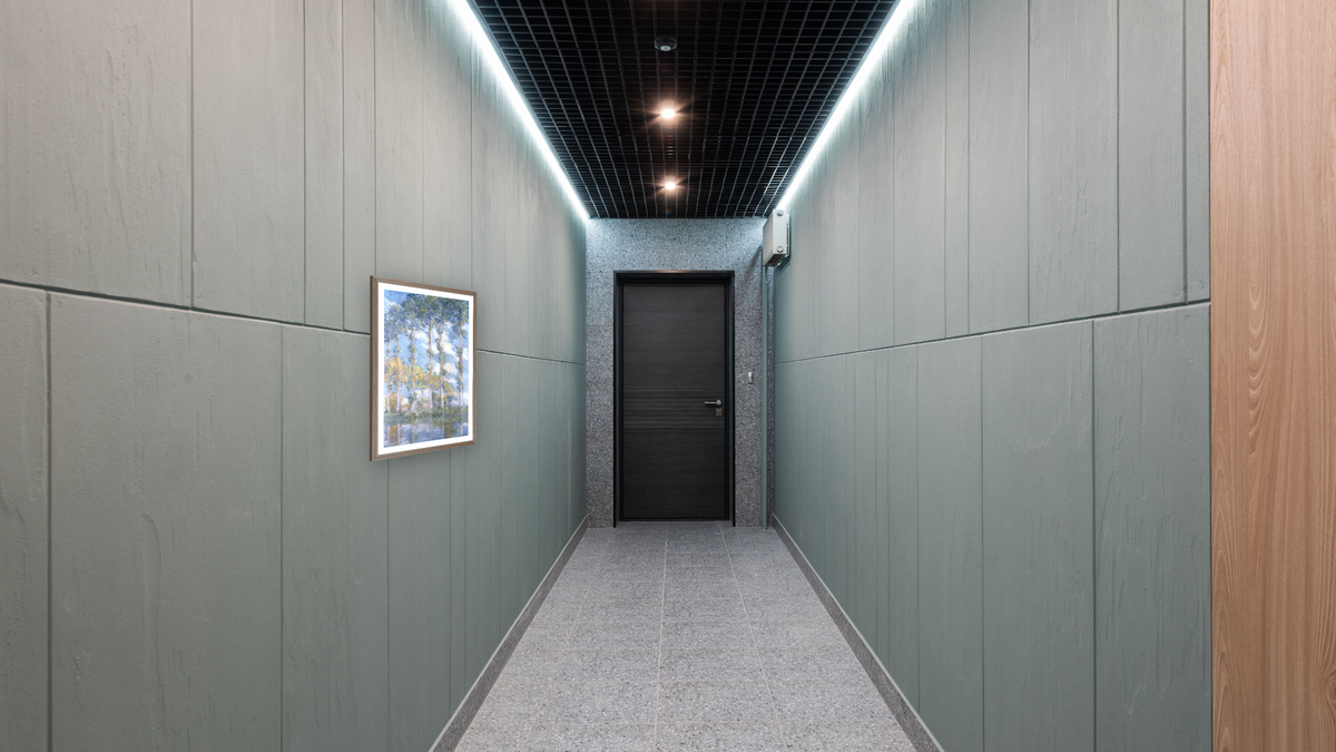 Poplars by Claude Monet, shown at 26 × 42 in (66 × 106.7 cm) in Arber Light Walnut, hallway