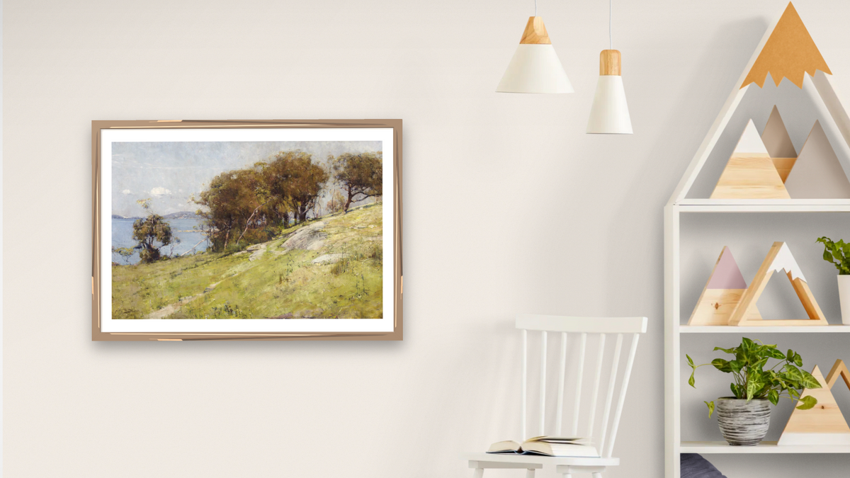 Cremorne pastoral by Arthur Streeton, shown at 28 × 42 in (71.1 × 106.7 cm) in Arber Light Walnut, bedroom